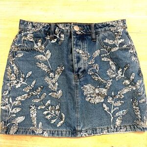 NWT!  Nasty Gal Denim Sequin Floral Mini Skirt - Blue